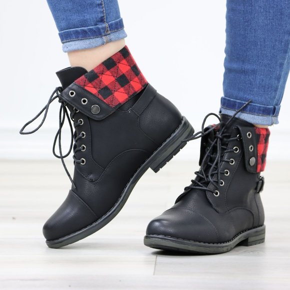 Buffalo Red Black Plaid Combat Ankles Boots Black Faux Leather - Picture 11 of 12